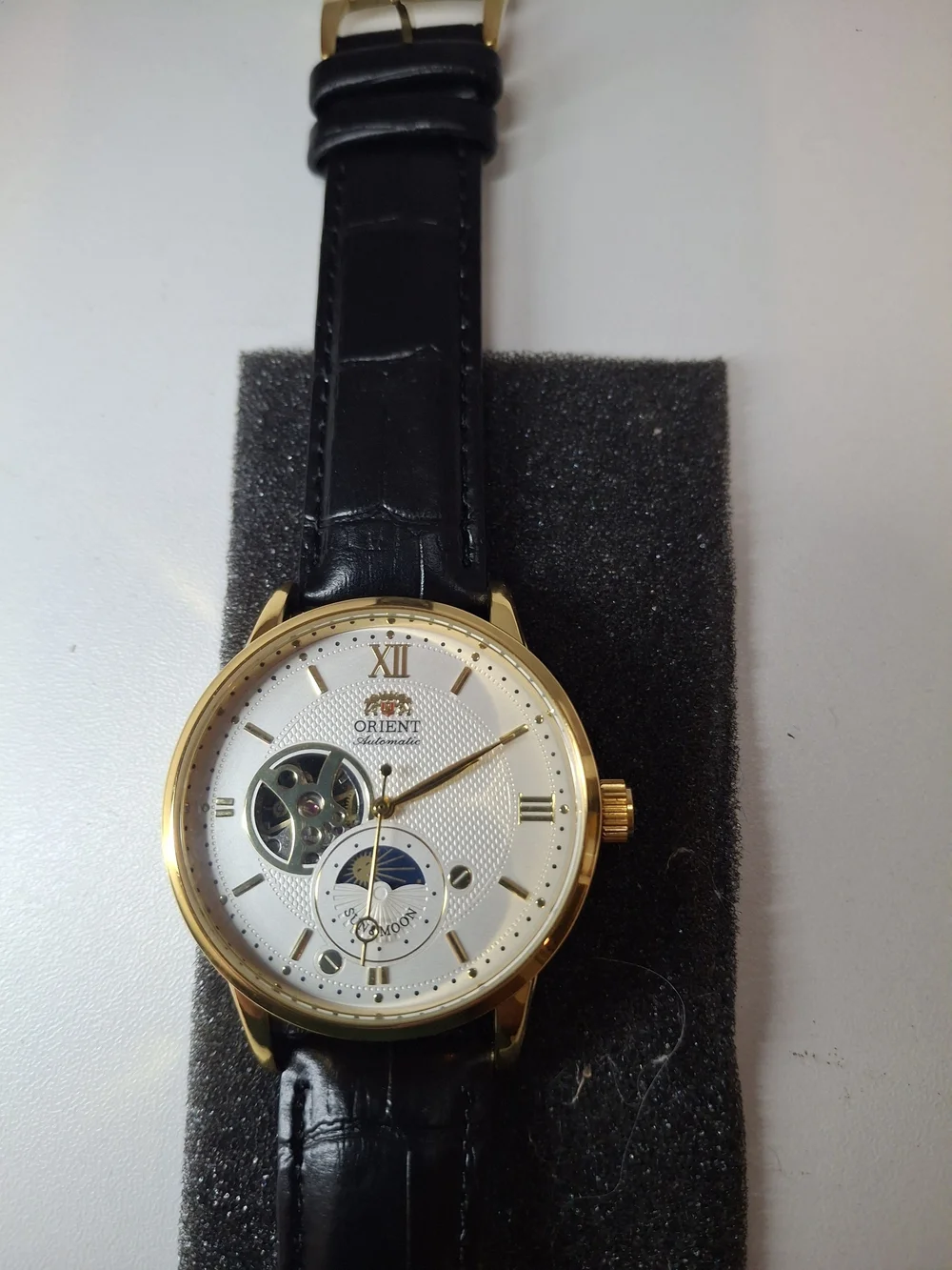 Orient Men’s Gold Case Black Leather Watch with White Dial